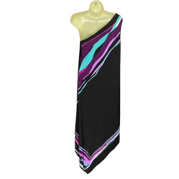 Cynthia Rowley Black Purple Turquoise One Shoulder Handkerchief Dress, size 12 - Picture 4 of 7